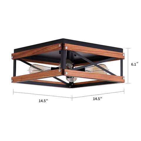 4 Light Rustic Farmhouse Flush Mount Ceiling Light with Metal and Wood Square Frame Dope Black Finish; dimensions 14.5x14.5x6.1 inches