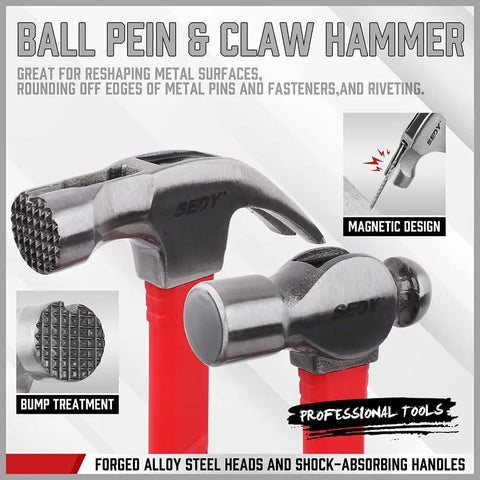 Close-up of ball pein and claw hammer from Five Piece Hammer Set For Home Workshop, showing forged steel detail and red handles.