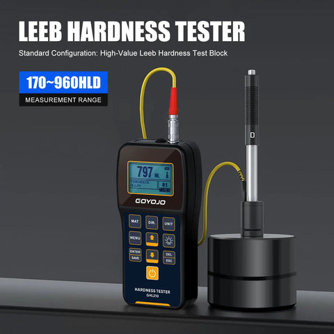 Portable Leeb Hardness Tester Kit With Copper Test Block 7 In 1 HL HV HB HRC HRB HRA HS displaying OLED screen