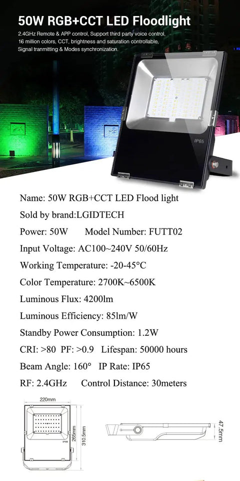 Outdoor Waterproof Landscape Lighting LED Flood Light 50W RGB CCT Color Changing 2700K To 6500K Adjustable with specs