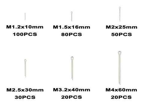 Beefy 304 Stainless Steel Cotter Pins Kit 300 Piece Split Pins Assortment in sizes from M1.2x10mm to M4x60mm for DIY projects.