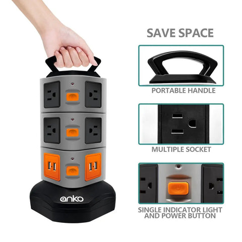 Person holding Heavy Duty Power Strip Tower With 3000W Surge Protection And 10 Outlets Plus 4 USB Ports, 6 Foot 16AWG Extension Cord