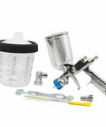 Heavy Duty Air Spray Gun With Slick Quick Connect Wash Free Tanks 600CC Mixing Reservoir And 400CC Paint Cup and accessories.
