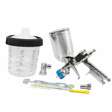 Heavy Duty Air Spray Gun With Slick Quick Connect Wash Free Tanks 600CC Mixing Reservoir And 400CC Paint Cup and accessories.