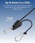 One Eighth Inch Rope Tie Down Ratchet Set Four Pack Adjustable Grow Light Hangers With Rock Solid Heavy Duty Braided Polypropylene Rope And Metal Ratchet For Secure Hanging And Easy Strapping with 75 lb load weight.