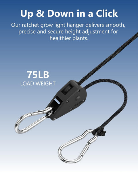 One Eighth Inch Rope Tie Down Ratchet Set Four Pack Adjustable Grow Light Hangers With Rock Solid Heavy Duty Braided Polypropylene Rope And Metal Ratchet For Secure Hanging And Easy Strapping with 75 lb load weight.