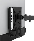 Rock Solid Vesa Mount Bracket For HP Desktop Mini Prodesk And EliteDesk Rigs mounted behind a monitor holding cables neatly.