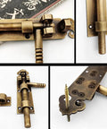 Heavy Duty Solid As A Rock Pure Copper Barrel Bolt Sliding Door Latch With Padlock showing detailed mechanisms and installation screws.