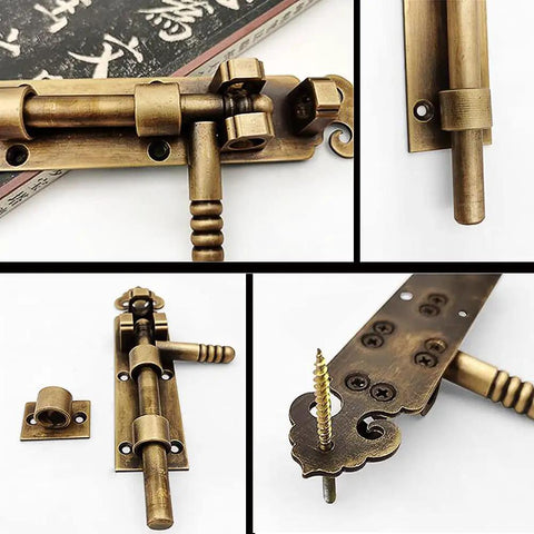 Heavy Duty Solid As A Rock Pure Copper Barrel Bolt Sliding Door Latch With Padlock showing detailed mechanisms and installation screws.