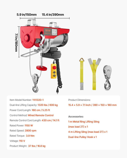 Diagram of Electric Hoist With 14 Ft Wired Remote, 1320 Lb Capacity, 110V Winch, showing dimensions, control, and accessories details.