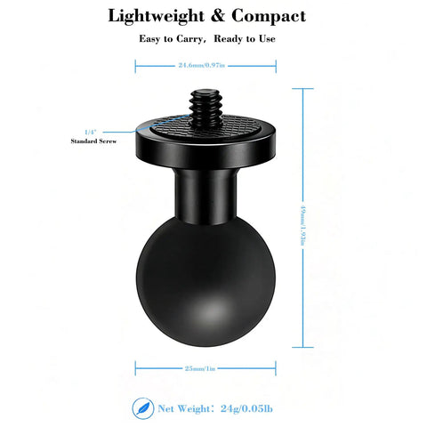 2-Piece Aluminum Alloy Ball Head Adapter For 1-Inch B-Size Double Ball Head Arms With 1/4-20 Threaded Stud Mount Accessory For Action Cams Bikes And Outdoor Photography Gear, black 1/4-inch screw adapter with 25mm ball