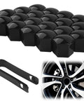 19mm Black Lug Nut Covers Set With Removal Tool 20 Pieces Hex Nut Caps for Wheel Bolts with sample installation on tire