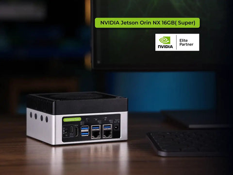 Edge AI Beast J4012 with NVIDIA Jetson Orin NX 16GB for Vision AI on desk next to a computer monitor.