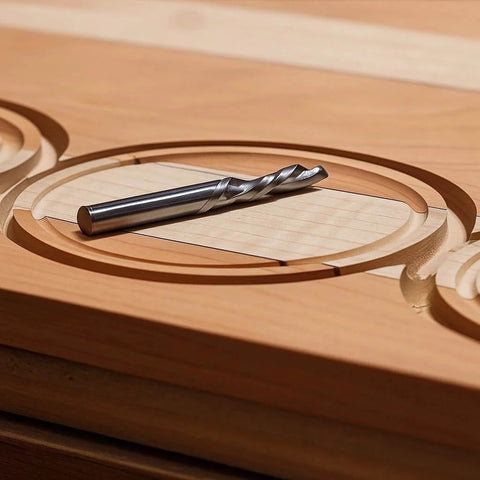 Close-up of a circle cut in wood using Circle Cutting Router Jig With Pro Grade Precision For Making Perfect Circles From Two And A Quarter Inches To Eighteen And One Sixteenth Inches In One Sixteenth Inch Increments 256 Circle Sizes Industrial Grade Polycarbonate Lifetime Guarantee, drill bit on top.
