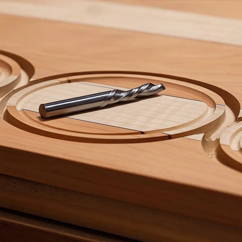 Carbide bit on wooden surface, part of Pro Circle Cutter Kit For Routers Delivers Precise Circles From 1 Inch To 18 3/16 Inches