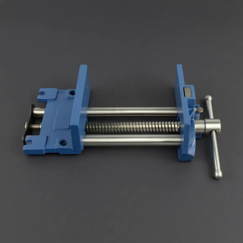 Premium 7 Inch Carpentry Bench Clamp With T Handle Workbench Vise Threaded Screw Heavy Duty woodworking tool, navy cast iron, top view.