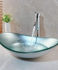 Artistic Tempered Glass Oval Vessel Sink Above Counter with Chrome Faucet and Pop Up Drain in Silver Finish Durable Brass Faucet