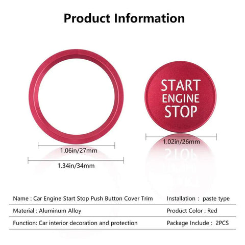 Audi Slick Red Engine Start Button Cover Stickers For A4 A5 A6 A7 Q5 Models, premium red aluminum alloy, measurements shown