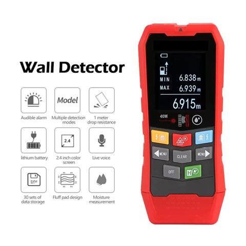 Heavy Duty Stud Finder And Wall Scanner With Wireless Pipe And Cable Detector For Electrical Hunting and Wood Beam Locating, red device with display.