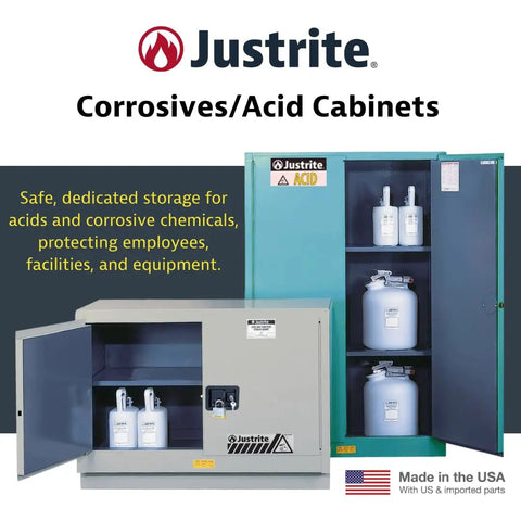 Heavy Duty Acid Corrosive Storage Cabinet Built Tough For Lab Techs Built To Last With Rock Solid Chemical Shield Panels And FM Approved Fire Safety Setup For Industrial Workspace Organization in gray and green.