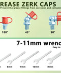 Front view of metal grease zerk fittings with red caps in 180°, 45°, 90° orientations; includes 7–11mm wrenches.