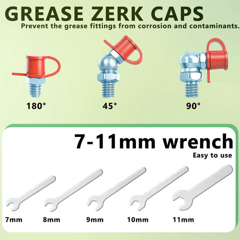 Front view of metal grease zerk fittings with red caps in 180°, 45°, 90° orientations; includes 7–11mm wrenches.