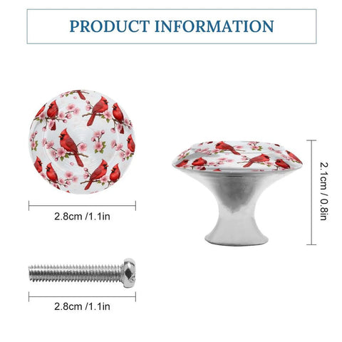 Round Cabinet Knob Set Of Two Featuring Vintage Red Floral Design In Rust Proof Stainless Steel With Screws Included next to dimensions.