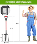 Heavy Duty Garden Pitchfork 42.5 Inch One Piece With Metal Four Tines Fiberglass D Handle Built For Digging Composting Soil Loosening Mulch And Yard Work next to a man in blue overalls and red accents.