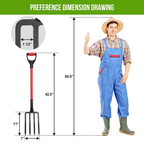 Heavy Duty Garden Pitchfork 42.5 Inch One Piece With Metal Four Tines Fiberglass D Handle Built For Digging Composting Soil Loosening Mulch And Yard Work next to a man in blue overalls and red accents.