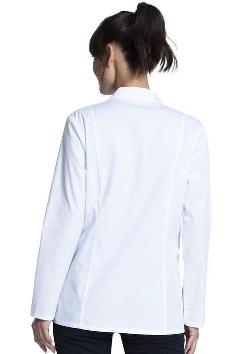 Back view of Women's 28 Inch Lab Coat With Notched Lapels, Back Princess Seams, Three Button Front Closure, White Medical Coat for clinics