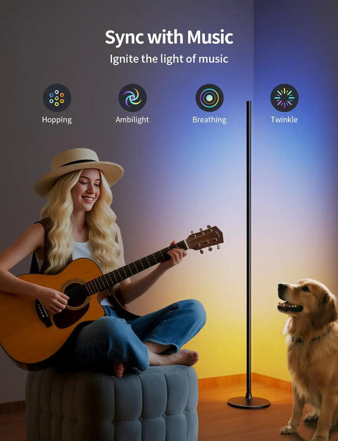 Smart Corner Floor Lamp With Alexa And App Control For Hands Free Scene Setting, music sync, dog and person in living room