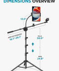 All In One Floor Mic Stand With Tablet And Phone Holder dimensions overview, tripod and gooseneck features shown