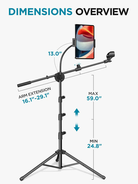 All In One Floor Mic Stand With Tablet And Phone Holder dimensions overview, tripod and gooseneck features shown