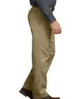 Mens Big And Tall Straight Leg Work Pants Built Tough Poly Cotton Uniform Trousers For Construction And Industrial Sites Wrinkle Resistant All Day Comfy Khaki side view with relaxed fit.
