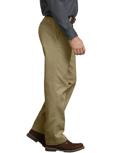 Mens Big And Tall Straight Leg Work Pants Built Tough Poly Cotton Uniform Trousers For Construction And Industrial Sites Wrinkle Resistant All Day Comfy Khaki side view with relaxed fit.