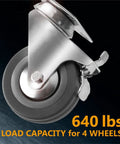 Close-up of 3 Inch Swivel Caster Wheel with Dual Locking Brakes and Rubber Tread, displaying 640 lb load capacity for 4 wheels.