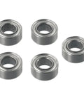 Pro Grade 10 Pack Top Mounted Ball Bearing Replacement Kit For Router Bits With Screws And Hex Key, Steel Guide Bearings For Repair And High RPM Use, Silver Finish, 9.52mm And 12.7mm OD. Five silver steel router bit ball bearings on white background
