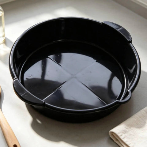Heavy Duty 6 Liter Square Oil Drain Pan With Long Spout For Garage Home Mechanics And Workshop Deep Basin To Catch Engine Lube Mess Free, flat black design.