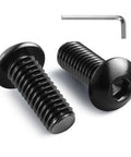 Close-up of 30 Pack 5/16-18 X 3/4 Inch Button Head Socket Cap Bolts 304 Stainless Steel, black finish with hex socket driver.
