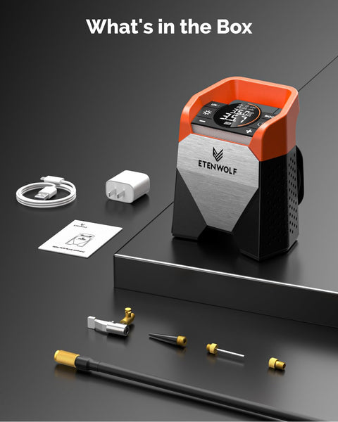 Zephyr S5 Cordless Tire Inflator with LED Light and accessories showcased in vivid orange and black