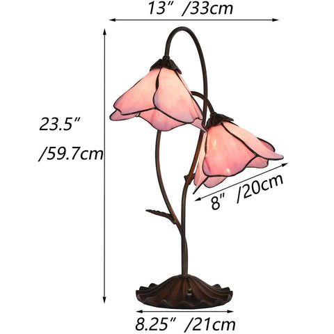 Flower Tiffany Style Stained Glass Table Lamp With 8 Inch Bent Glass Lampshade And Lily Pad Base Two Light Pink Desk Light