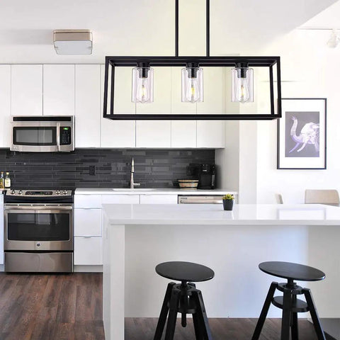 Farmhouse Black Three Light Pendant Fixture With Glass Shades For Living Room Dining Room Kitchen Island Modern Hanging Chandelier Ceiling Light For Contemporary Homes Easy Install And Slick Illumination in modern kitchen