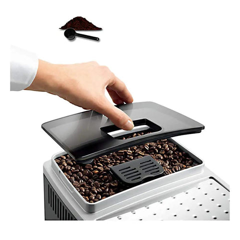 The Real Deal One Touch Fully Automatic Bean To Cup Coffee Maker Machine with coffee bean compartment open and beans visible.