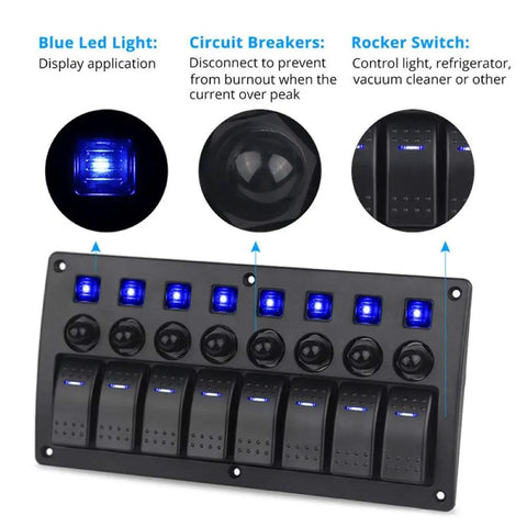 Universal 8 Gang LED Rocker Switch Panel For Boats And Trailers 12V/24V Waterproof with LED lights and circuit breakers.