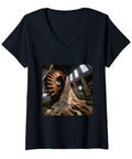 Stylish Women's Industrial Abandoned Factory Gear Machine V-Neck T-Shirt Made With Super Lightweight Fabric And Double Needle Sleeves For A Classic Fit In Cool Black Style, featuring industrial gear backdrop.