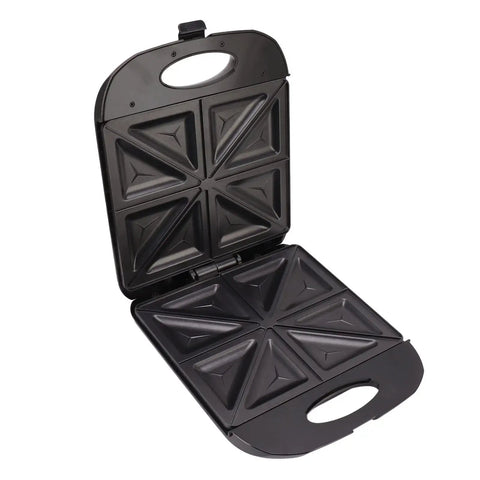 Heavy Duty 1400W Panini Press Grill With Nonstick Coating Hot Sandwich Maker open with multiple triangle molds for toasting.