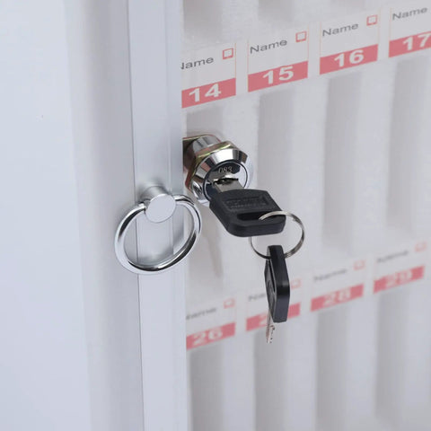 Heavy Duty Cell Phone Locker For Classrooms 48 Slot Portable Storage Cabinet key latch close-up for secure storage.