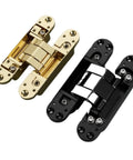Pair Of Heavy Duty Hidden Door Hinges For Wood Cabinets Adjustable Black Folding Hardware Built Tough Eighty Kilogram Bearing Capacity With Sleek Concealed Finish in black and gold finish.
