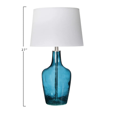 Cool Deep Blue Translucent Textured Glass Table Lamp With Cream Empire Shade And Brushed Chrome Accents Modern Bedside Or Foyer Lamp Ideal For Bedroom Or Hallway Decor Uses 60W Type A Bulb, showing 27-inch height