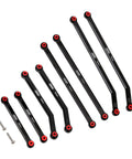 High Clearance Front 4 Link Set For SCX24 Gladiator And Dodge Power Wagon 1/24 RC Crawler Aluminum Black 8 Piece Beefed Up Upgrade Kit Eliminates Axle Wrap Axle Steering Driveshaft Rub By Moving Links Away, black aluminum links with red ends and screws